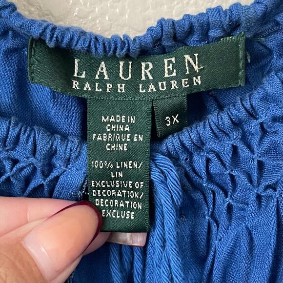 Lauren Ralph Lauren Top Womens 3X BlueLinen Floral Embroidered Tunic Boho - Picture 10 of 11